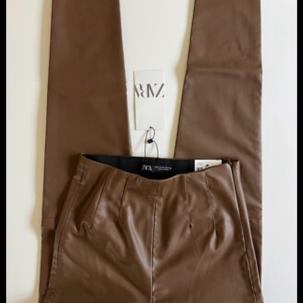 Zara Brown Faux Leather High-Waist Pants - Picture 2 of 4